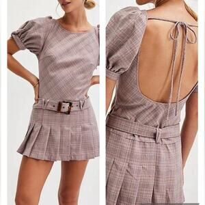 NEW Free People Sevi drop waist belted plaid mini pleated skirt dress